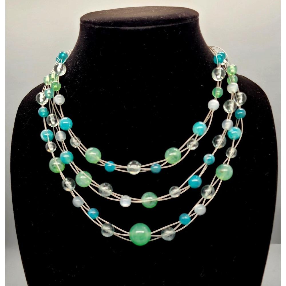 Multi‎ strand glass beaded floating wire necklace Teal Green Blue White Clear